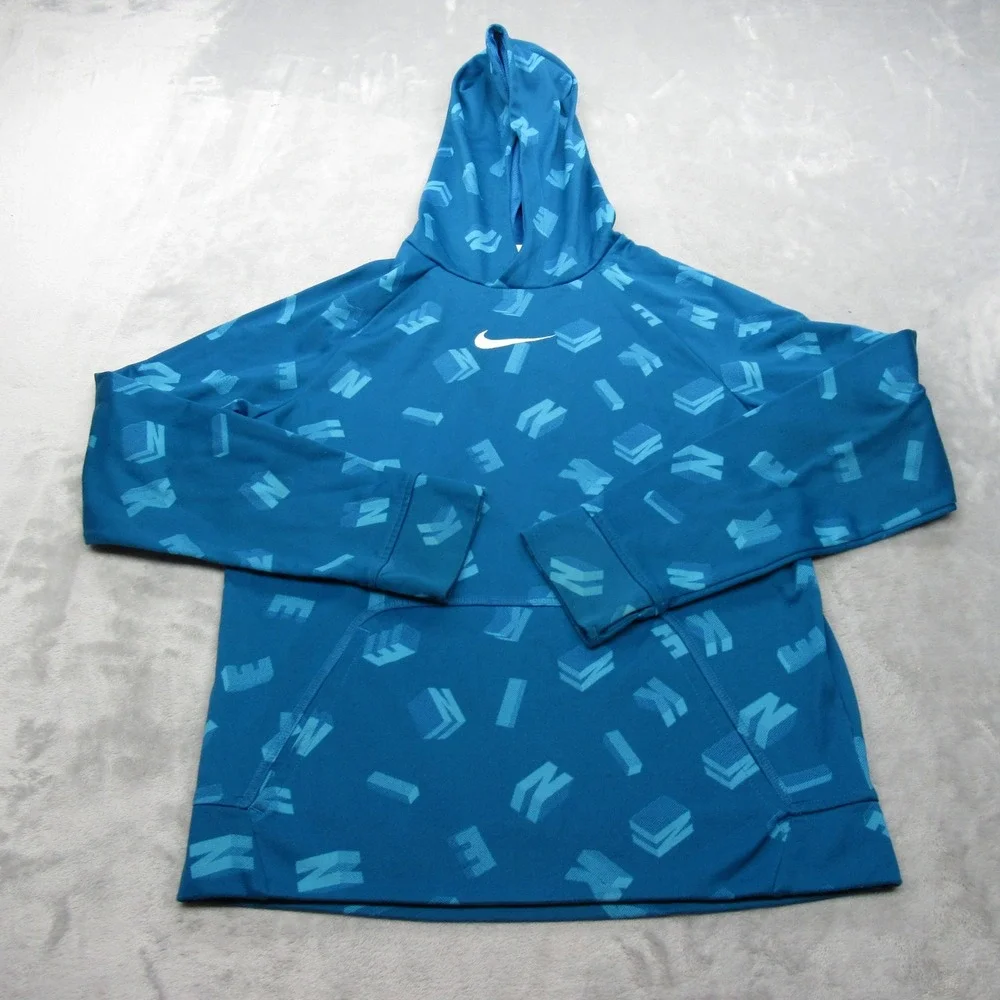 Nike Therma-FIT Hoodie Youth‎ XL Sea Blue Center Swoosh Pullover Sweatshirt AOP